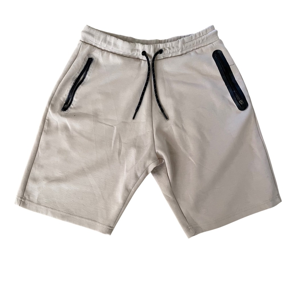 Dunnes Stores Mens Tan Tech Fleece Sweat Shorts Medium Beige‎ Zipper Pockets